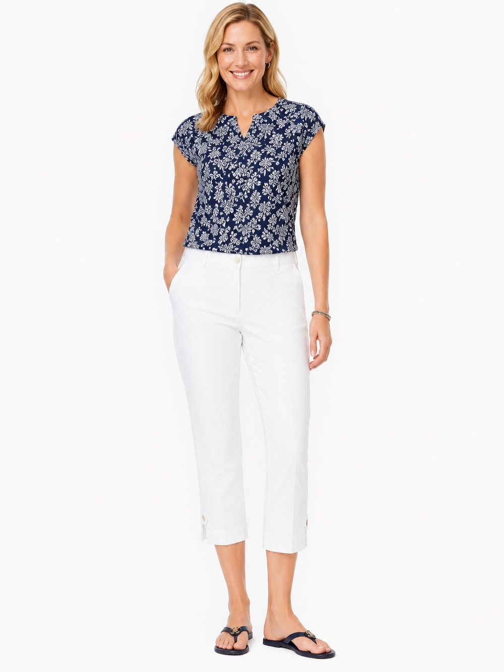 Talbots Perfect Crop Pants White Stretch Cotton Button Hem Size 16